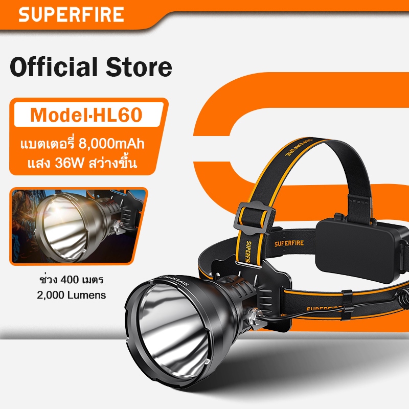ไฟหน้ากล้อง SUPERFIRE HL60 36W XHP90 แสงสว่างสูง USB C รองรับการชาร์จ ใช้งานแบบพกพา ใช้แบตเตอรี่ 21700 สำหรับตกปลา แคมปปิ้ง ไฟหน้ากล้อง