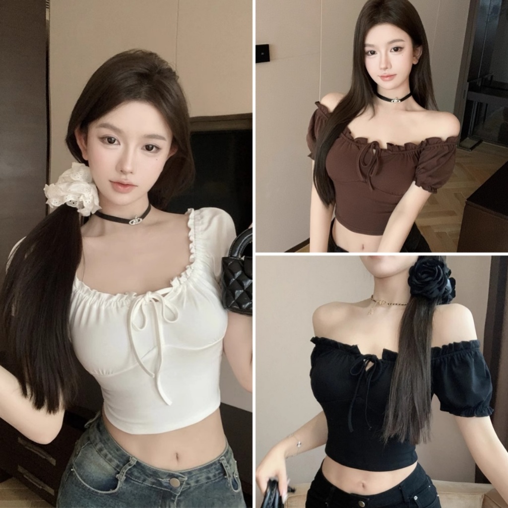 Hotgirl พร้อมส่ง เสื้อยืดผู้หญิง เสื้อรัดรูปสวยๆ ดีไซน์โชว์สะดือ การออกแบบแขนพัฟ สไตล์เกาหลีเซ็กซี่และน่ารัก