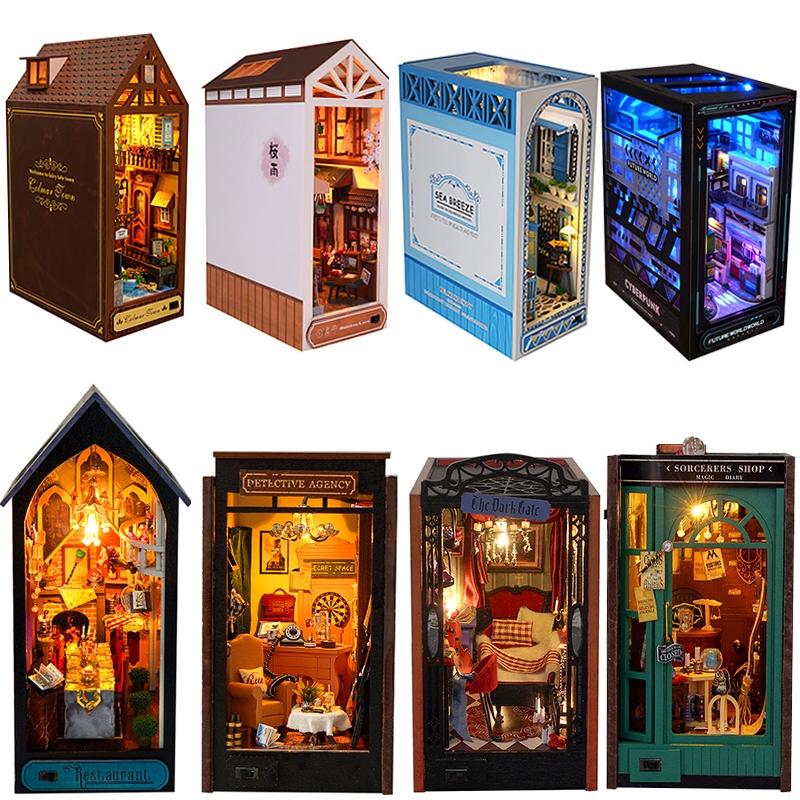DIY หนังสือไม้ Nook Miniatures ชั้นวางแทรกตุ๊กตาอาคารชั้นวางหนังสือ Bookend ตกแต่งบ้านบ้านตุ๊กตาของเล่นสําหรับ Xmas ของขวัญ
