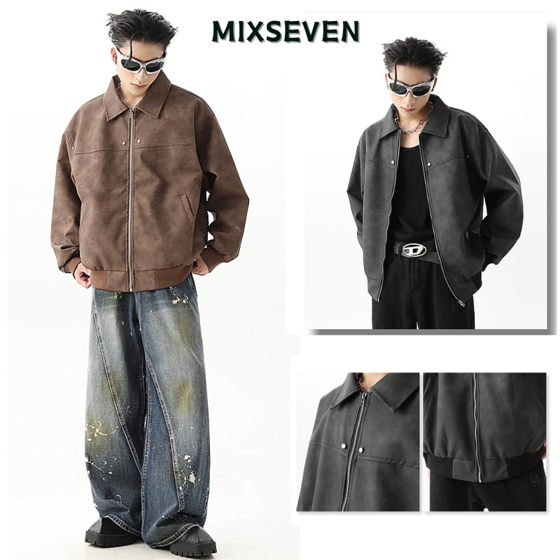 MIXSEVEN-เสื้อแจ็คเก็ตผู้ชายหนังสั้น แขนยาว  แบบมีซิป สีพื้น สไตล์อเมริกันย้อนยุคที่เข้าคู่ง่ายสบาย ๆ  หล่อ