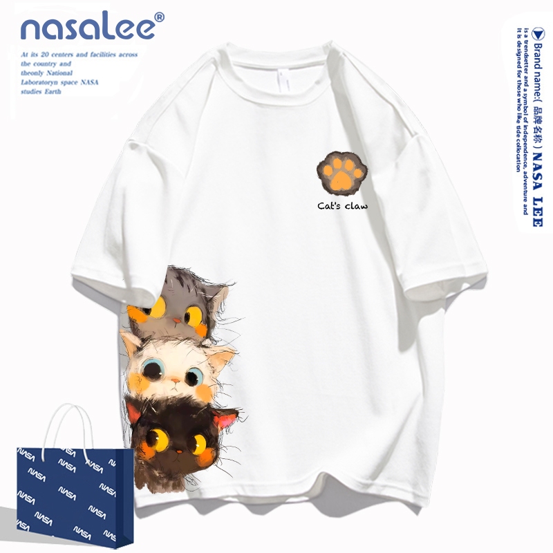 ✨พร้อมส่ง! ✨เสื้อยืดลายแมว NASA ผู้ชาย-ผู้หญิง 2025 สไตล์วัยรุ่น