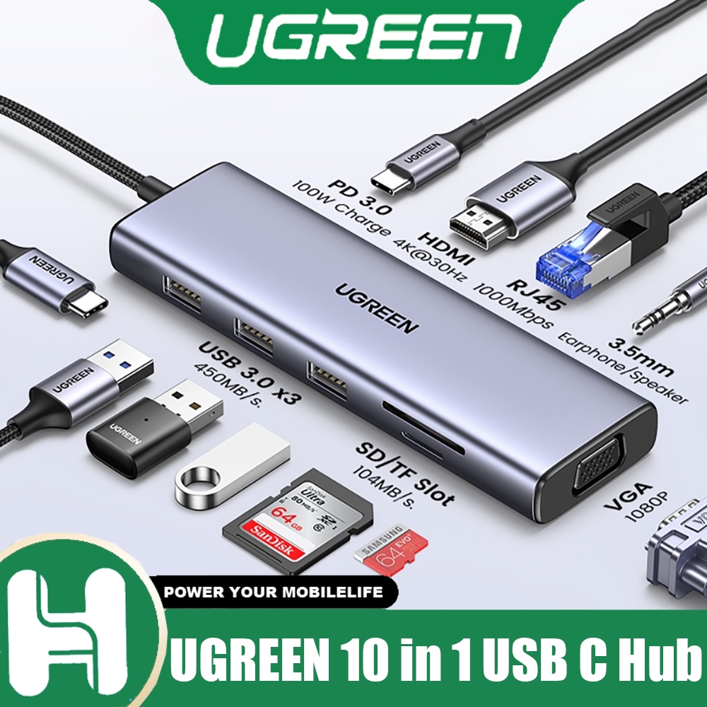 UGREEN 10 in 1 USB C Hub ฐานชาร์จมือถือ 4K HDMI VGA 100W การส่งผ่านพลังงาน