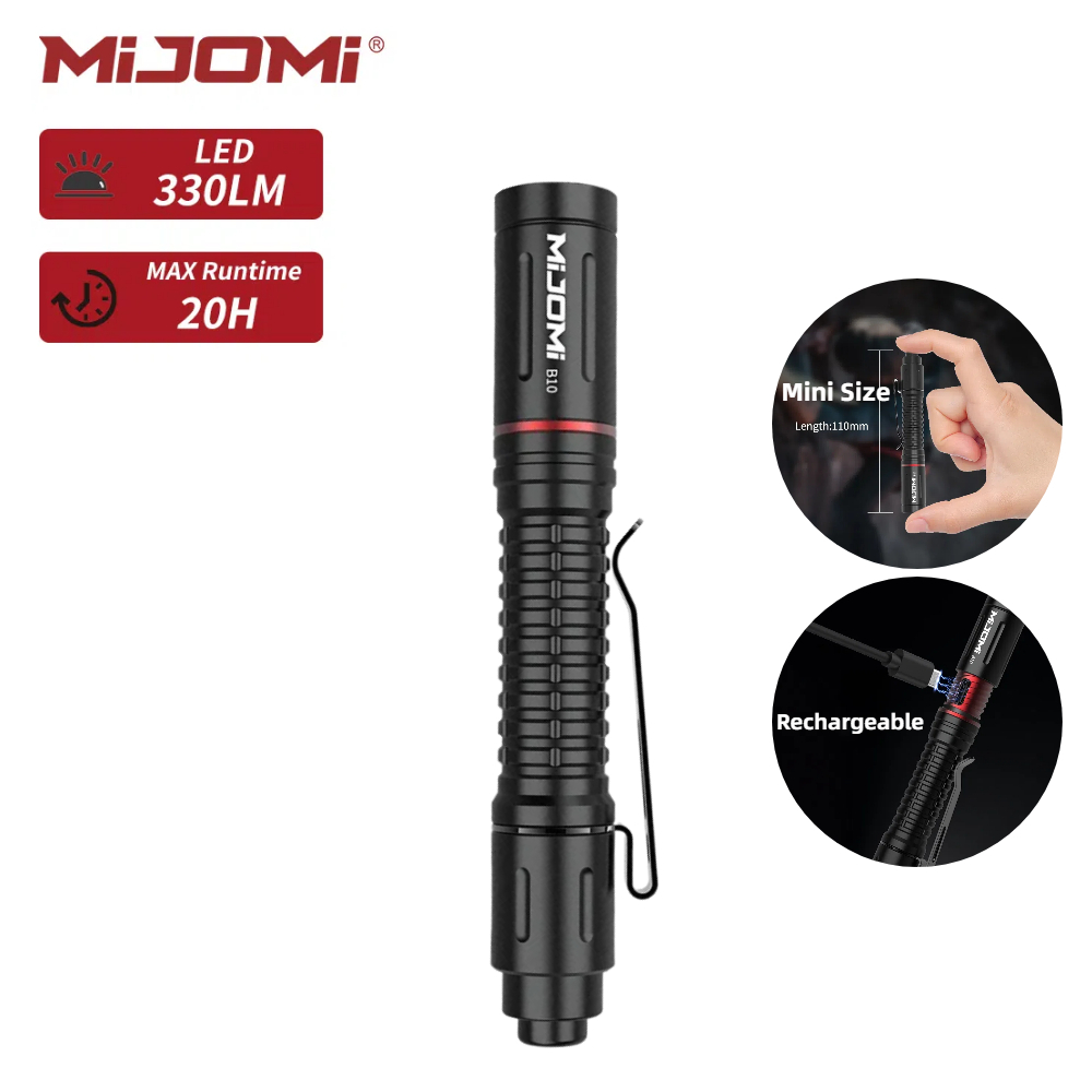 Mijomi B10 ไฟฉายขนาดเล็กพร้อมคลิป 330 Lumen กระเป๋า EDC ไฟฉายไฟท้ายสวิทช์ไฟฉาย LED ชาร์จกระเป๋าเล็กๆน้อยๆ Penlight สําหรับ Camping กลางแจ้ง