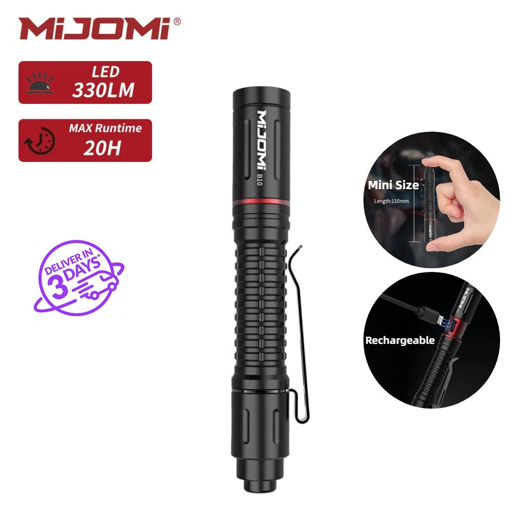 Mijomi B10 ไฟฉายขนาดเล็กพร้อมคลิป 330 Lumen กระเป๋า EDC ไฟฉายไฟท้ายสวิทช์ไฟฉาย LED ชาร์จกระเป๋าเล็กๆน้อยๆ Penlight สําหรับ Camping กลางแจ้ง Christmas gift
