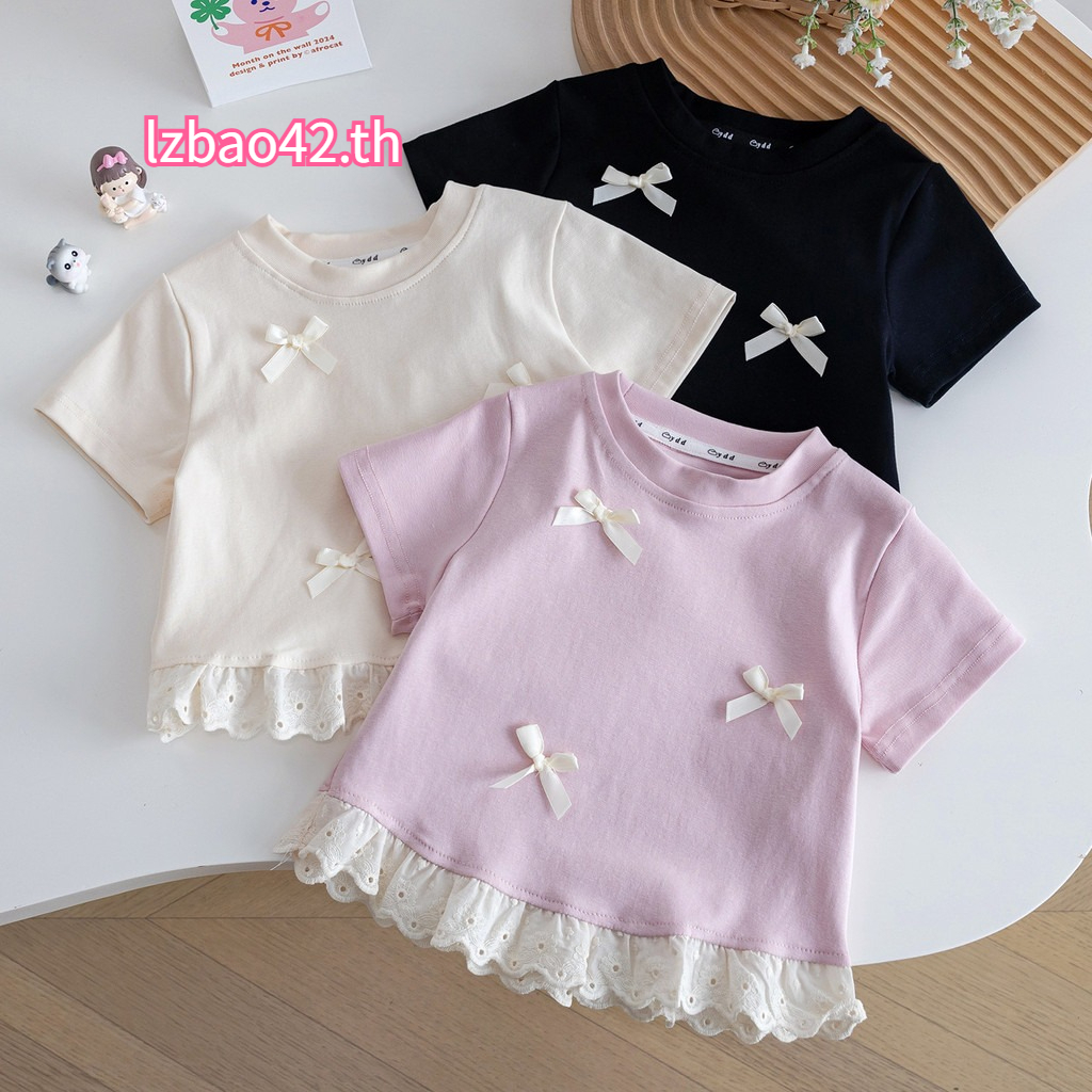 เสื้อลายลูกไม้แขนครึ่งสำหรับเด็กหญิง สีพาสเทล ระบายอากาศได้ดี เหมาะสำหรับฤดูร้อน