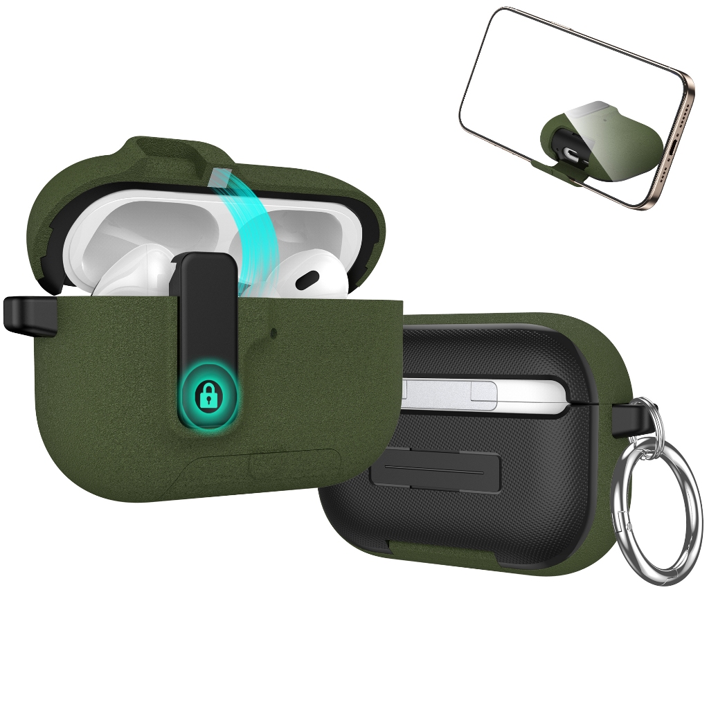 เคสกํามะหยี่ระดับพรีเมียมพร้อมล็อค Secure และขาตั้งแบบพับได้สําหรับ airpods pro 3 - รองรับการชาร์จไร้สาย