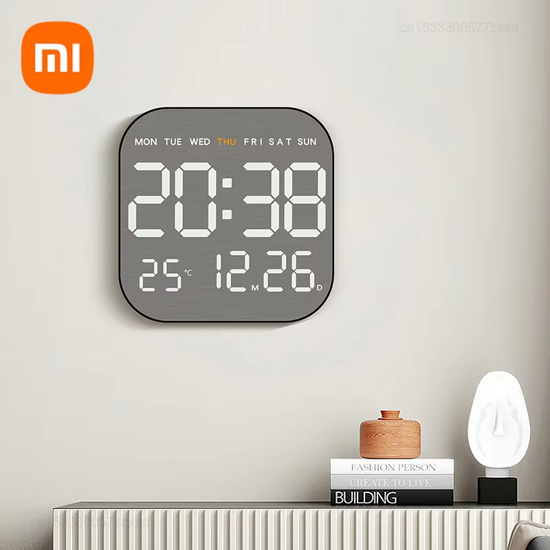 กระจก Xiaomi Brushed Finish Wall Clock Sleek Silent Wall Clock นาฬิกาปลุกตารางอุณหภูมิจอแสดงผลห้องนอนสํานักงานห้องนั่งเล่นตกแต่ง