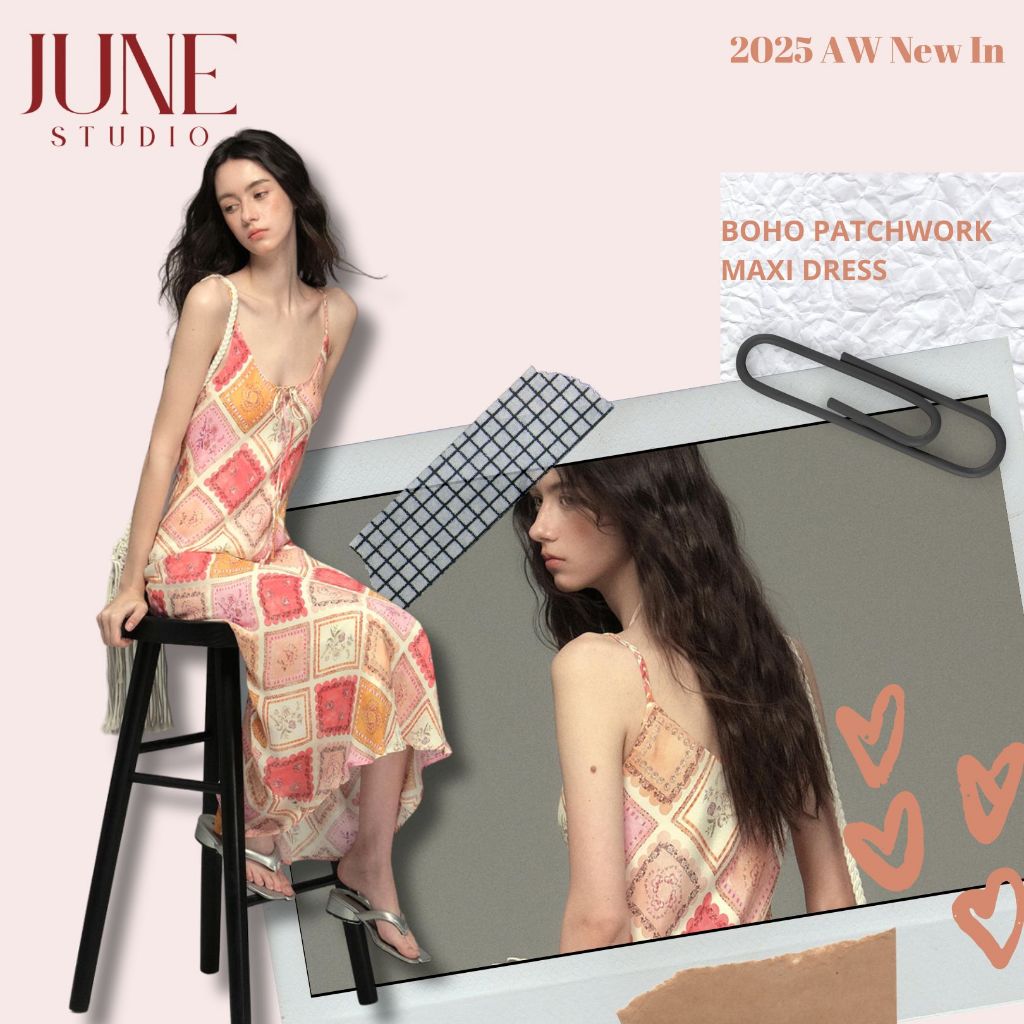 [June Studio]ชุดโบฮีเมียนเอวสูง ยาว สไตล์ฝรั่งเศส