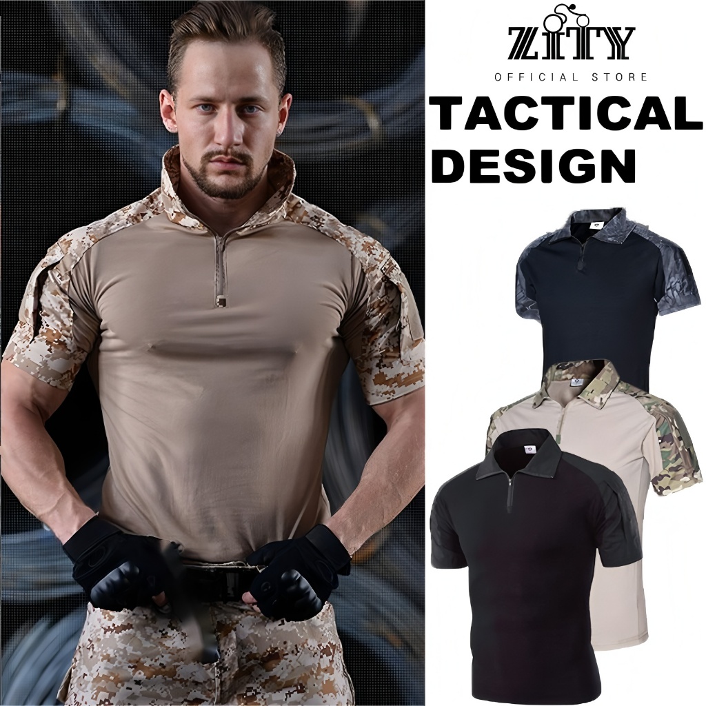 ZITY COMBAT SHIRT เสื้อคอมแบท เสื้อโปโล แขนสั้น ลายพราง ยุทธวิธี ทึบ เดินป่า ตั้งแคมป์ กลางแจ้ง สําหรับผู้ชาย Tactical Shirt