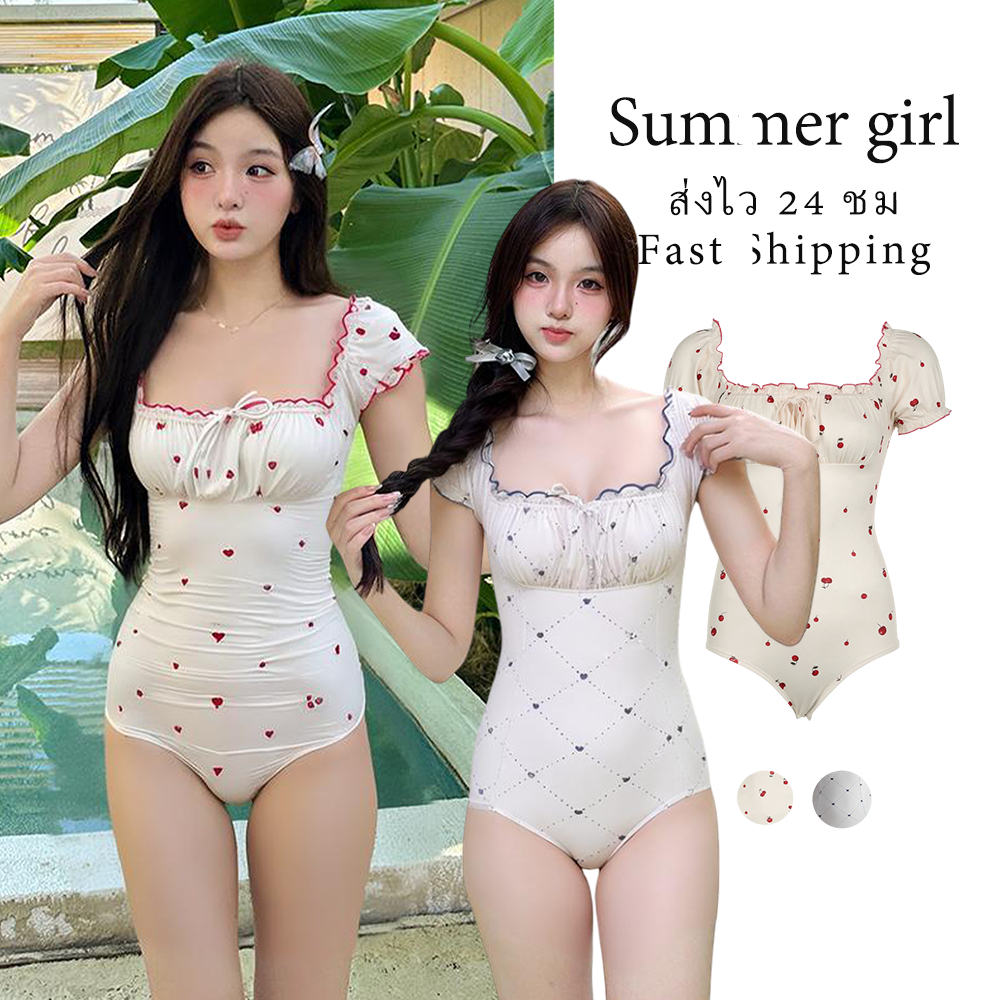 Summer Girl🏖️ชุดว่ายน้ำวันพีช ลายเชอร์รี่ สแควร์คอ แขนพัฟ sexy ผูกคอ โชว์หลัง ใส่เที่ยวทะเล ขนาดใหญ่