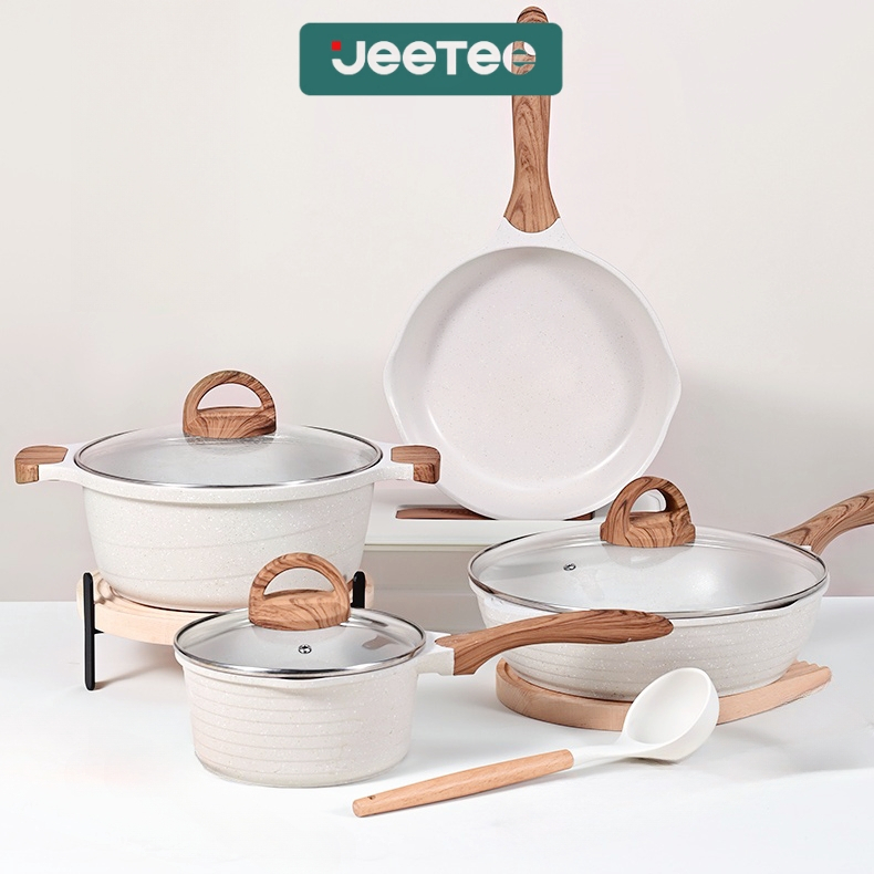 JEETEE ชุดกระทะ กระทะเคลือบหินอ่อน 4PCS，28CM wok +24CM กระทะ+24CMหม้อซุป+18CM หม้อนม กระทะไม่ติดใช้ได้กับเตาทุกประเภท