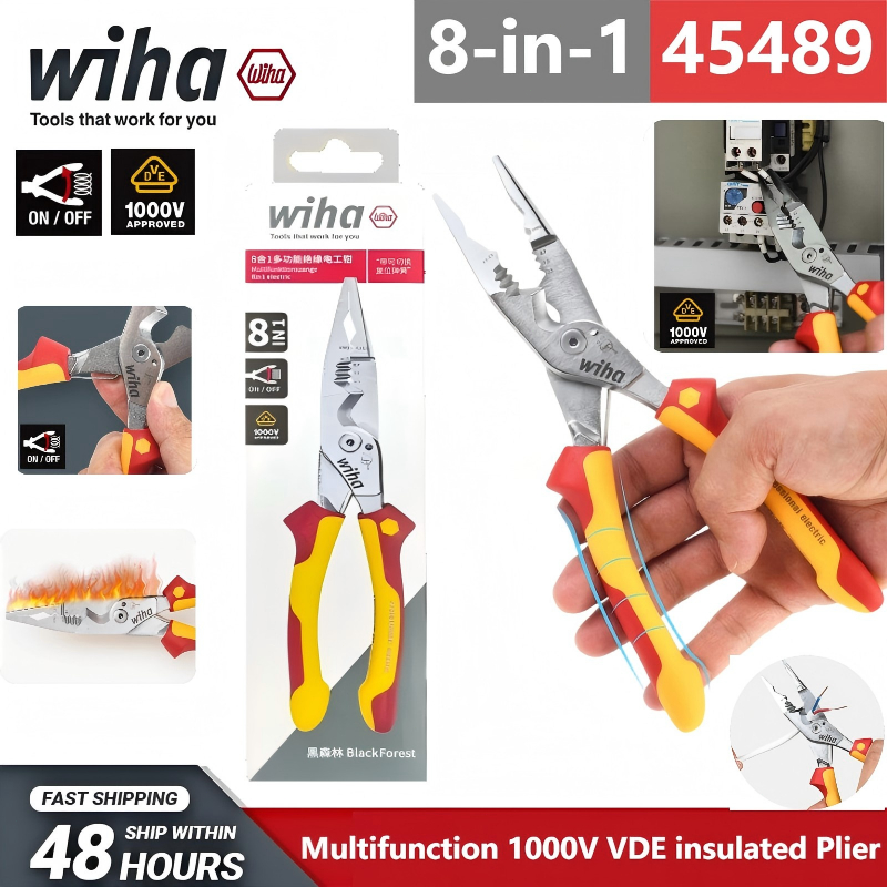 Wiha 45489 คีม คีมตัดไฟฟ้ามัลติฟังก์ชั่น คีมช่างไฟฟ้า 8-in-1 มัลติฟังก์ชั่น VDE-tested ฉนวนคีมปอกลวด