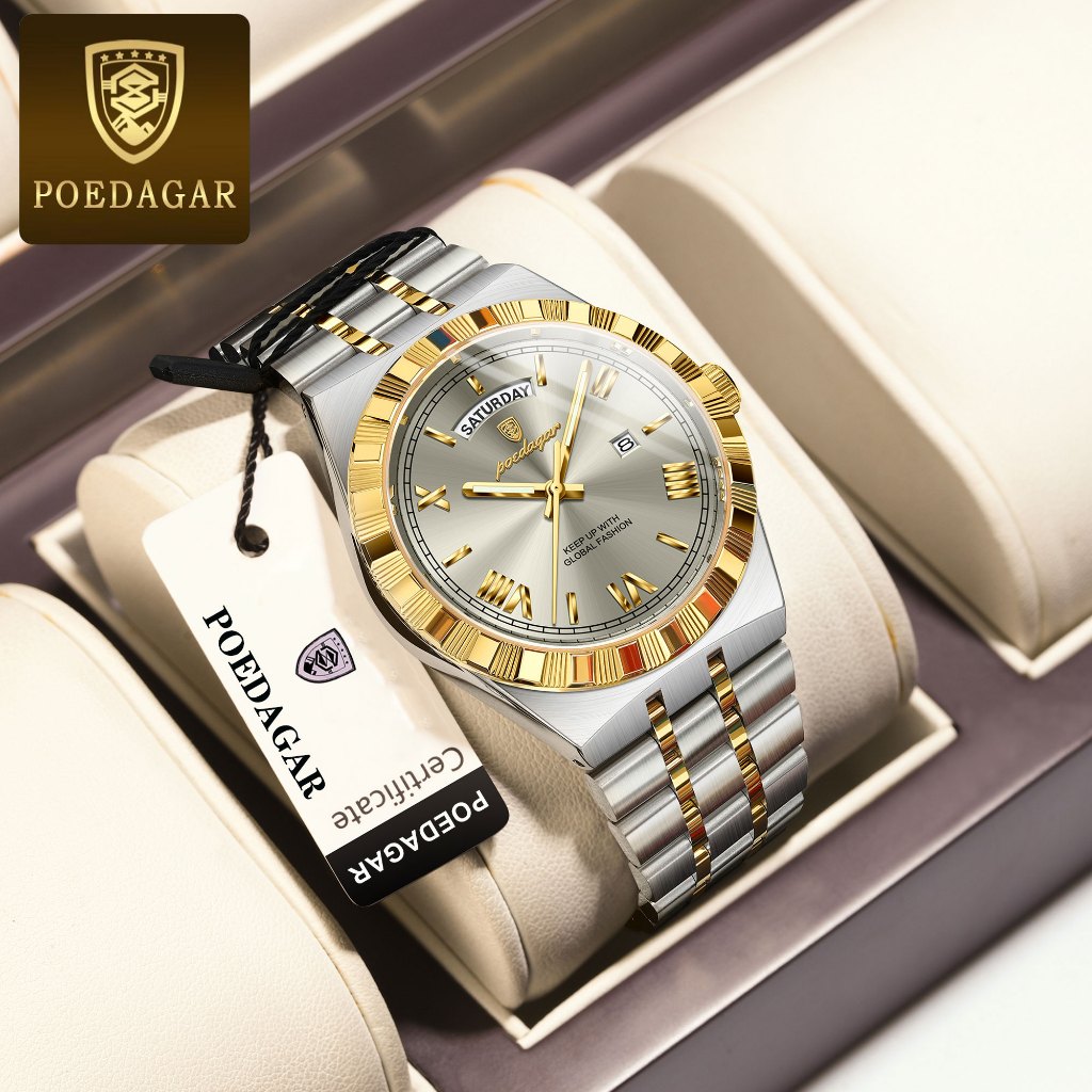 POEDAGAR นาฬิกาธุรกิจสําหรับผู้ชายกันน้ํานาฬิกาสแตนเลสแท้ 675
