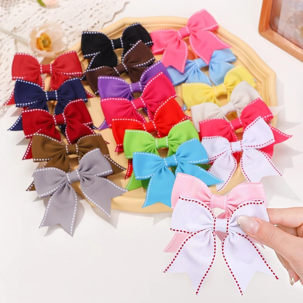 2 ชิ้น 4.72 นิ้วสีทึบ Stitch ริบบิ้น Bows กิ๊บติดผมสําหรับเด็กสาว Boutique Handmade Hairpins Barrette Headwear อุปกรณ์เสริมผม