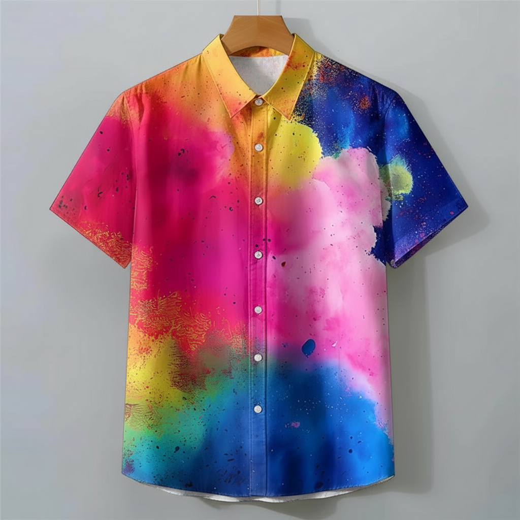 เสื้อเชิ้ตแขนสั้นลําลองฤดูร้อนสําหรับผู้ชายสไตล์ฮาวายเสื้อเชิ้ตผู้ชายมัดย้อมสีสดใสทันสมัยพิมพ์ลายสีรุ้งเหมาะสําหรับสวมใส่ทุกวันสําหรับผู้ชายและผ