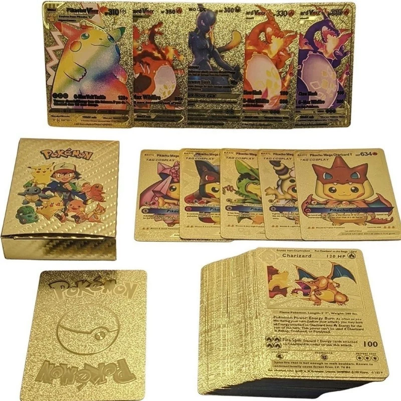 55 ชิ้นการ์ดโปเกมอนโลหะทองเงินสีดํา Vmax GX Energy Card Pikachu Charizard คอลเลกชันเทรนเนอร์การ์ดของเล่นของขวัญ
