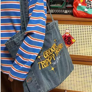 【จัดส่งจากประเทศไทย】🌼พร้อมส่ง🌼 กระเป๋าสะพายไหล่ ผ้ายีน ทรงโท้ท ปักลายสนูปปี้น่ารัก ความจุขนาดใหญ่ แบบพกพา เข้ากับทุกการแต่งกาย สไตล์ญี่ปุ่น