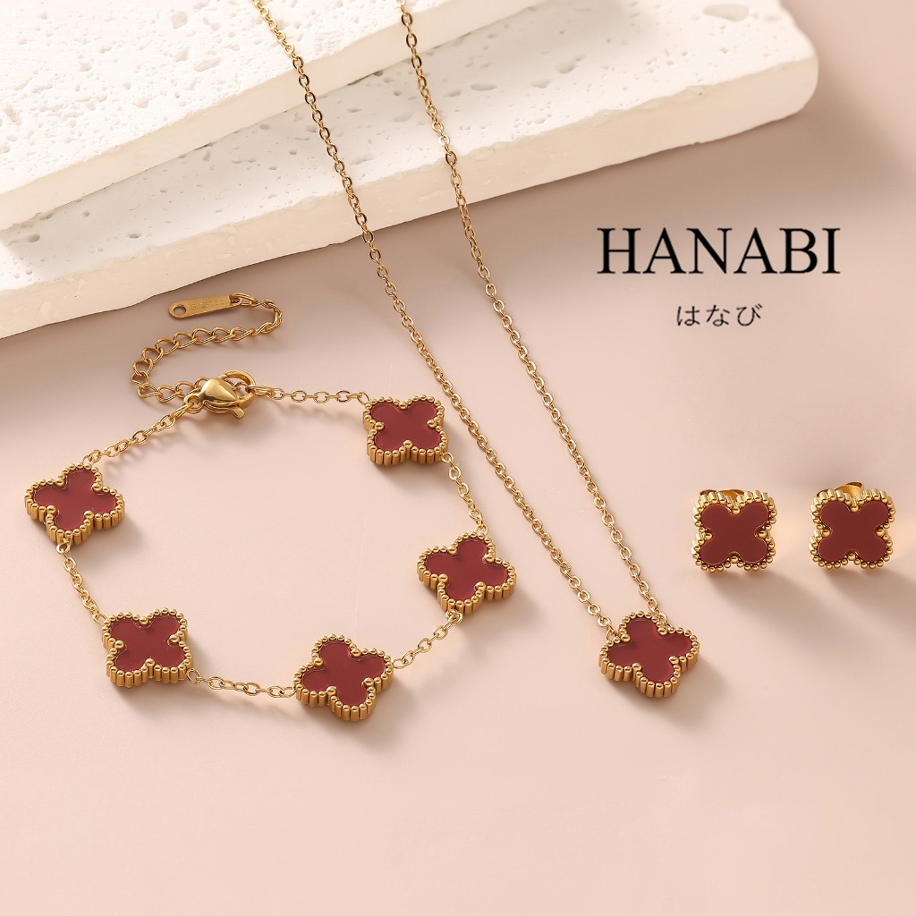 HANABI 3-in-1 สร้อยคอและต่างหู ทองคำ 18K สีแดงโชคดี ชุดเครื่องประดับสำหรับผู้หญิง