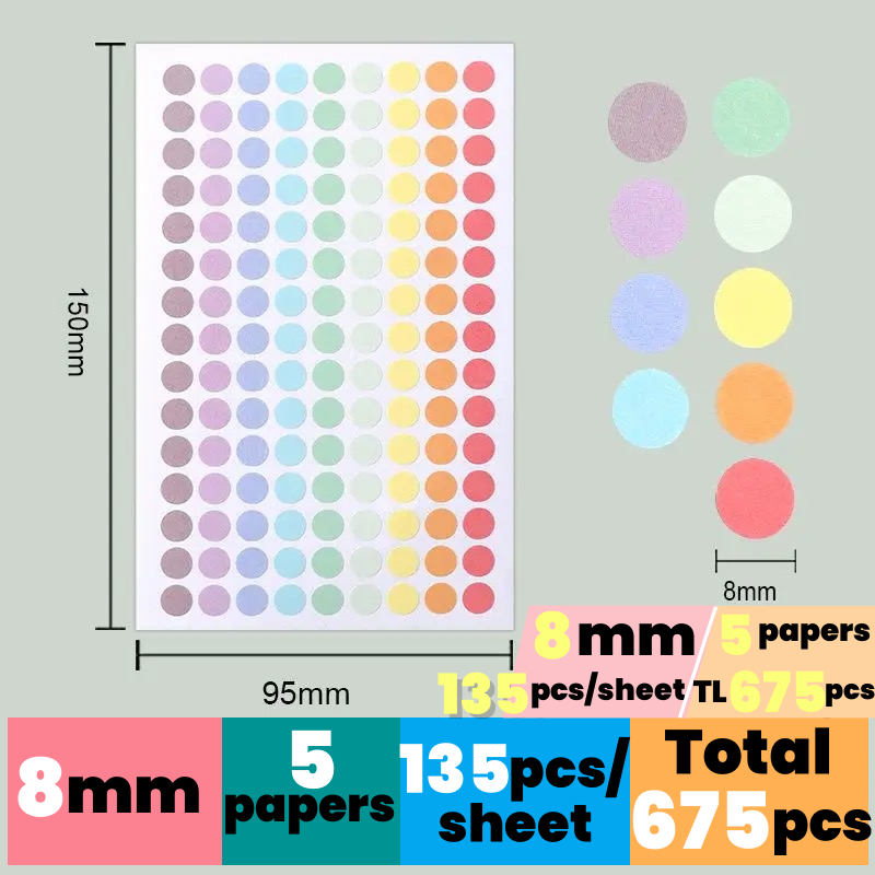 【8mm】8 มม.， สีต่าง ๆ ， 135pcs/แผ่นสีจุดติดฉลากสี 8 มม. การจำแนกสีฉลากสีทำเครื่องหมายวางสติ๊กเกอร์เครื่องเขียนของนักเรียน【Color dot label stickers】【color label】【stationery stickers】
