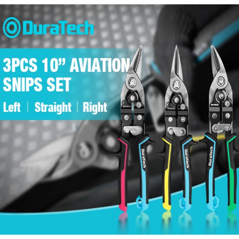 DuraTech 10" Aviation Tin Snips-RIGH+STRAIGHT+LEFT สําหรับตัดแผ่นโลหะ, เหล็ก CR-V Heavy Duty Tin Sni