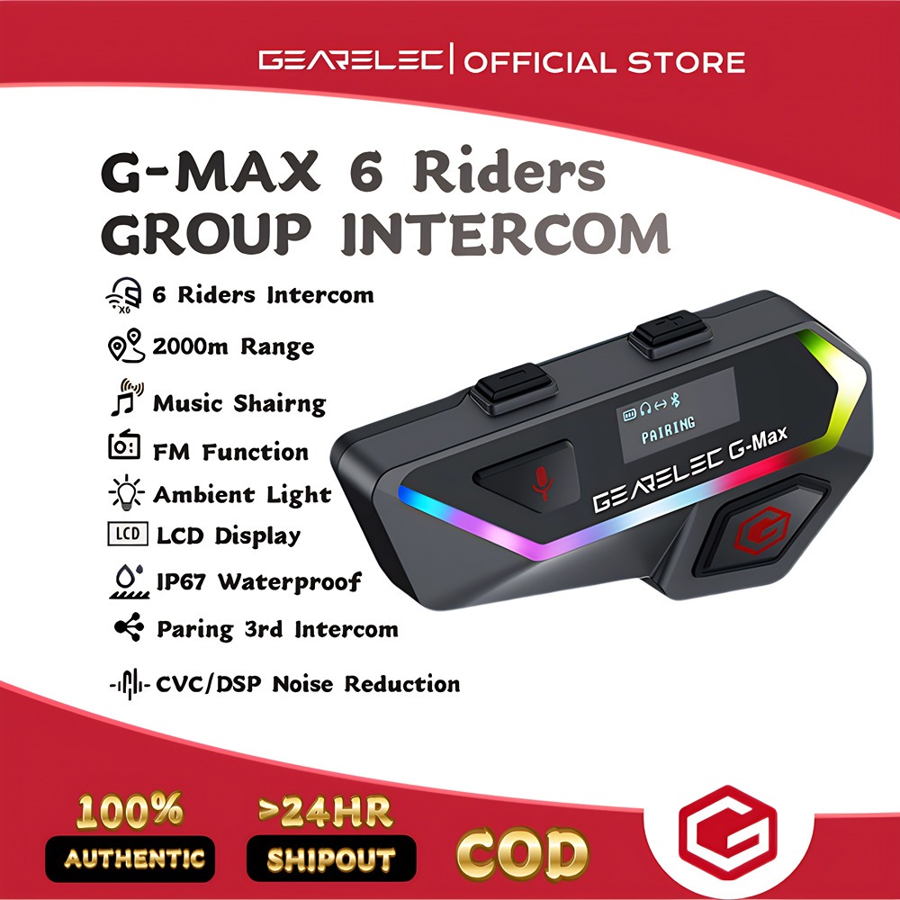 GEARELEC G-Max หมวกกันน็อคบลูทูธ บลูทูธ 5.2 กันน้ำ IP67 การแชร์เพลง จอแสดงผล LCD วิทยุเอฟเอ็ม มีระบบ