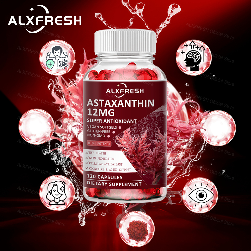 Astaxanthin 12 มก. พร้อม Lutein, วิตามินอี Natural Algae Antioxidant สําหรับสุขภาพ Eyes Skin Joint