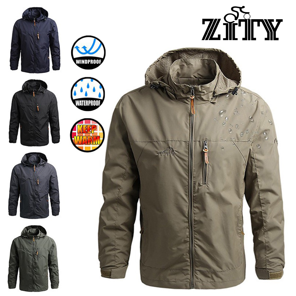 ZITY หนัง Zip Hooded Jacket เสื้อแจ็คเก็ตผู้ชายกันน้ำกลางแจ้ง Windbreaker Jacket Hoodie