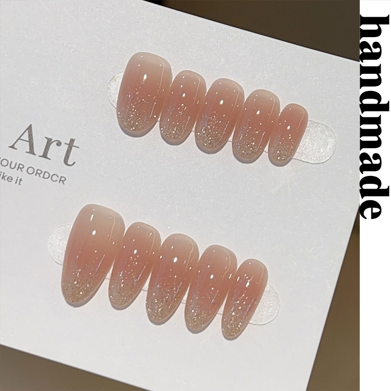 กดบนเล็บทําด้วยมือ [Gilt เล็กน้อย] Tone Nude Color Flashing Diamond Gradient ทําด้วยมือบริสุทธิ์สวมใส่เล็บเล็บปลอมเรียบง่าย