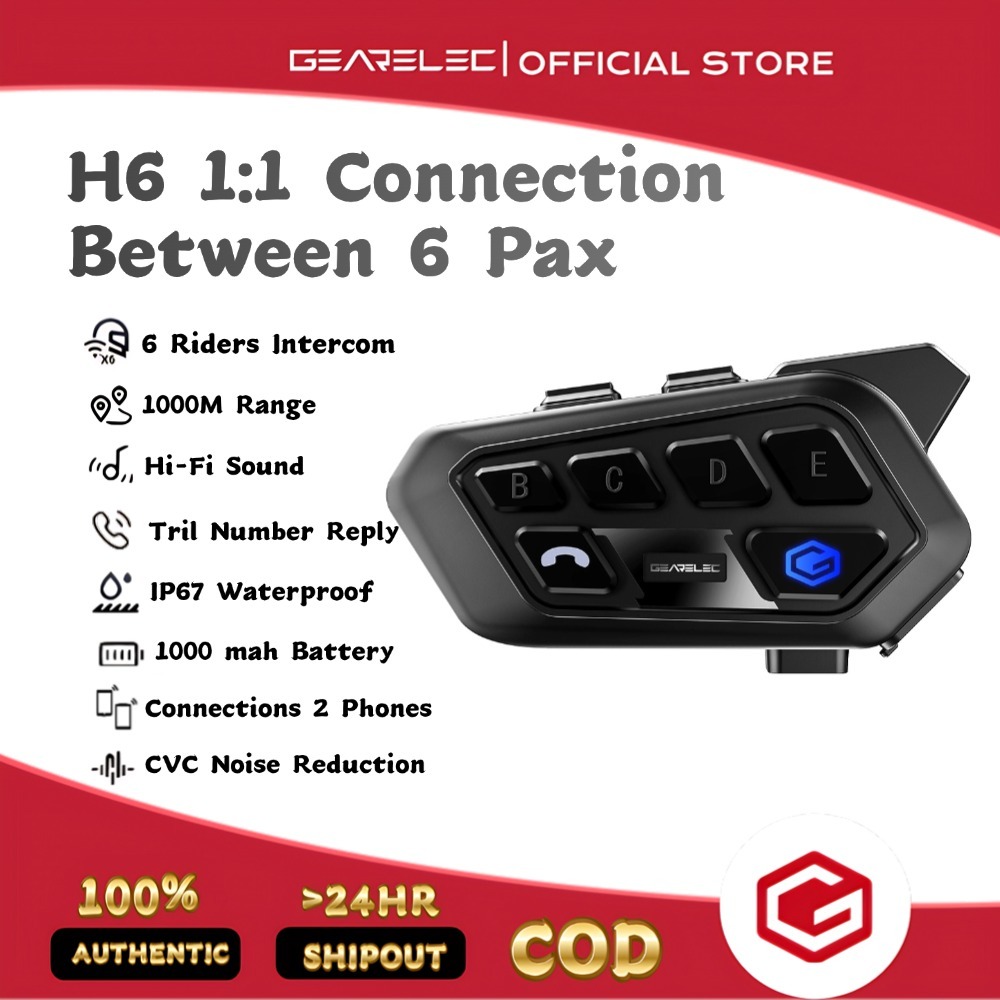 GEARELEC H6 หูฟังบลูทูธติดหมวก บลูทูธ 5.3 กันน้ำ IP67 ลำโพงในตัว อินเตอร์คอม CVC & DSP มีระบบตัดเสียงรบกวน หูฟังบลูทูธ