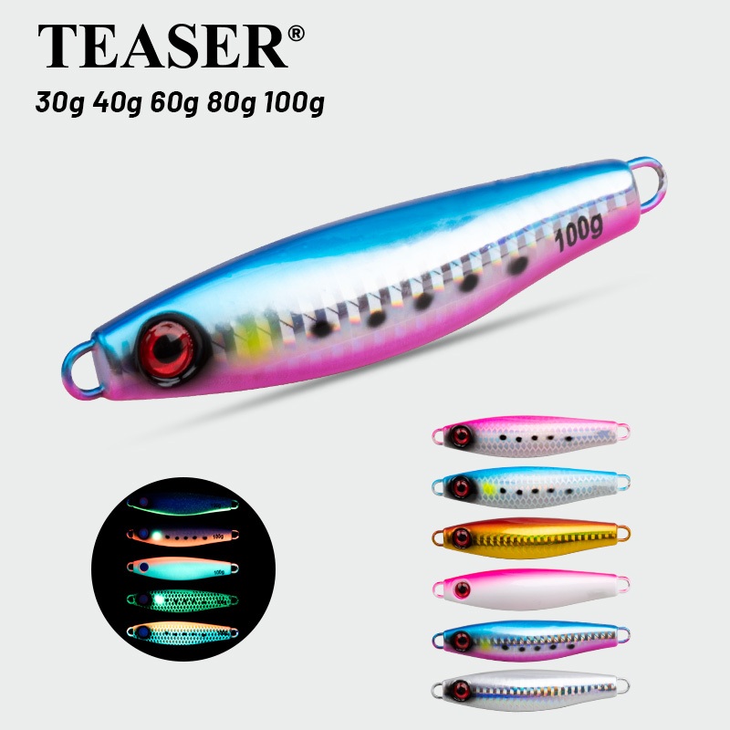 TEASER【J132】1PC ช้าโลหะ Jigging Lure 30g 40g 60g 80g 100g Fish Eye Laser Luminous Fishing Lure น้ําเค็มทูน่าปลาทูตกปลา Jigs เหยื่อ