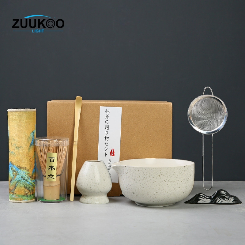 Zuuko ชุดชงชาเซรามิค ชามมัทฉะญี่ปุ่น อุปกรณ์ชงมัทฉะ 7ชิ้น ถ้วยชงชาเขียว แปรงชงชา ที่ใส่มัทฉะ ที่ตักม
