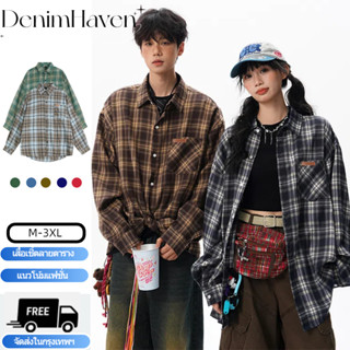 🔥D.H🔥 เสื้อเชิ้ตผู้ชาย ลายสก็อต แขนยาว สไตล์อเมริกันวินเทจ ท…