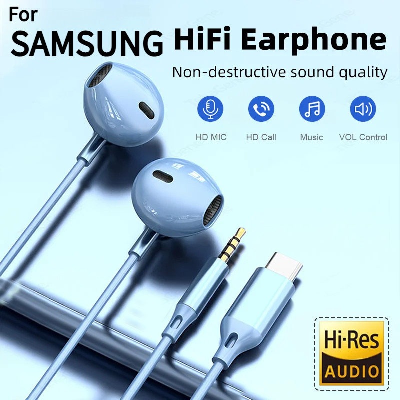 สำหรับหูฟัง เสียงรอบทิศทาง HiFi แบบใส่ในหู USB Type C 3.5 มม. พร้อมการควบคุมสาย ปลั๊กหูฟังแบบมีสาย เข้ากันได้กับ Galaxy S25 S24 S23 S22 Ultra wired earphones
