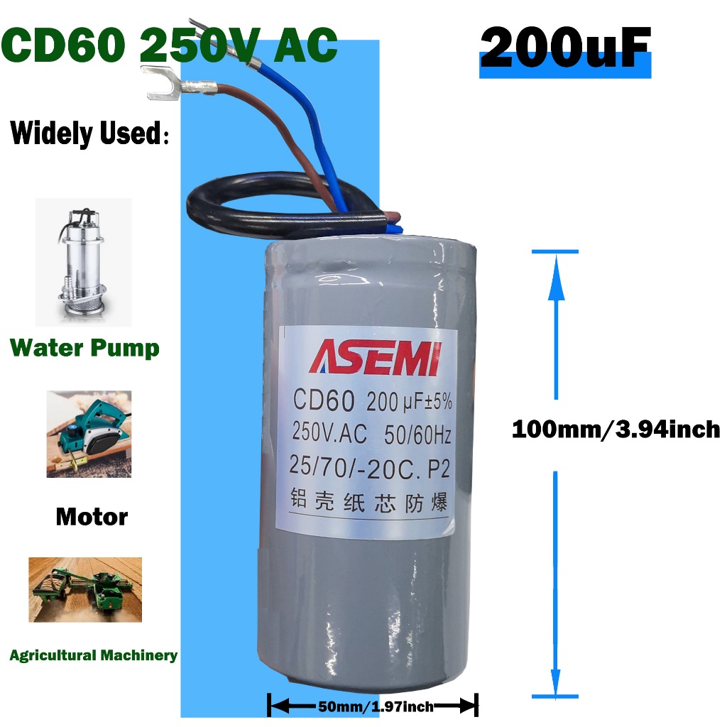 CD60 P2 250V AC 50/60Hz เริ่มต้นตัวเก็บประจุ Startup เปลือกอลูมิเนียมกระดาษ Core 75uF 100uF 150uF 20