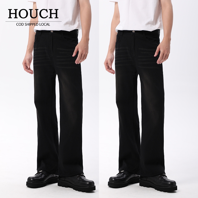 Houch พร้อมส่ง COD กางเกงยีนส์ผู้ชาย เอวยางยืด เท่ๆสไตล์เกาหลีทรงช่าง ทรงลุง ทรงกระบอก