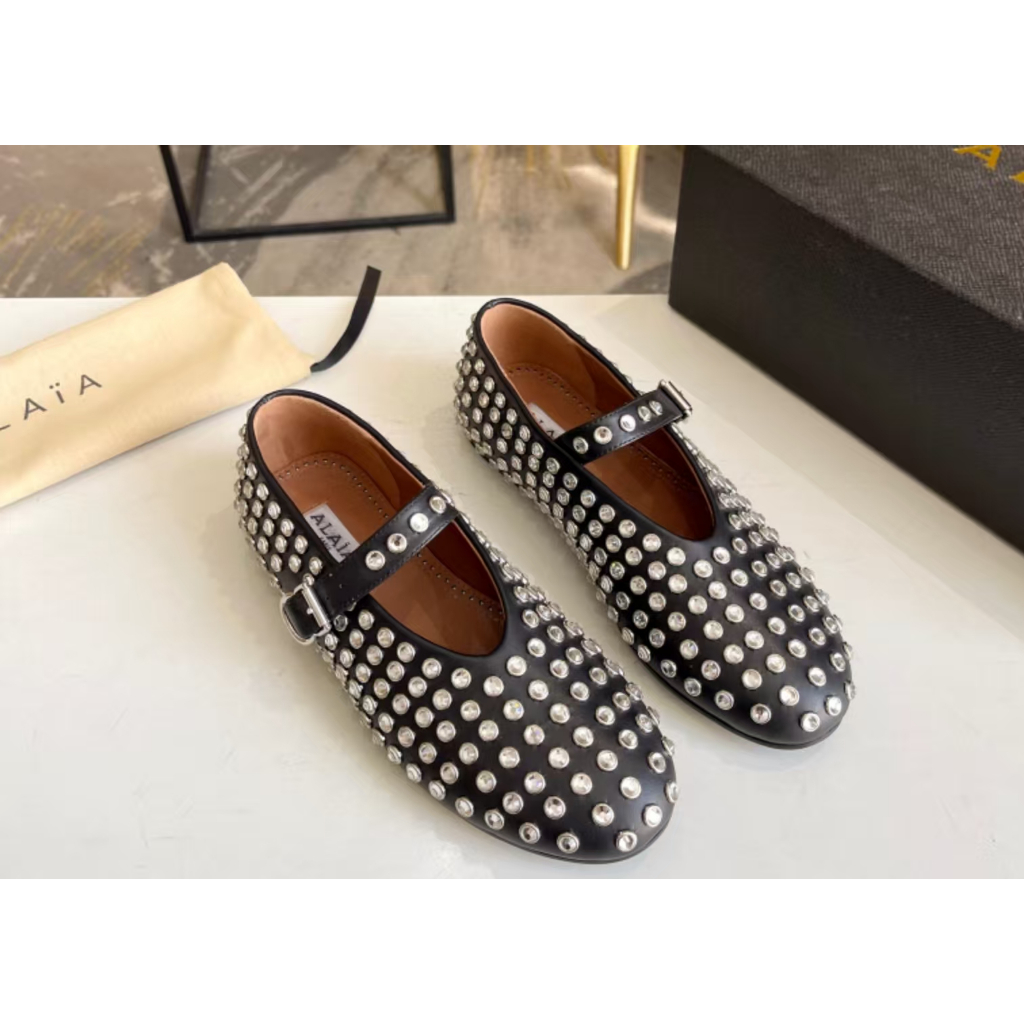 Alaia Balck Bright Diamond Ballet Flats Rubber Outsole รองเท้าผู้หญิง