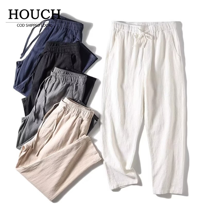 Houch พร้อมส่ง COD กางเกงขายาว ขายาวลินิน ขายาวกระบอก เอวยืดผ้ายืด ขายาวสไตล์ญี่ปุ่น