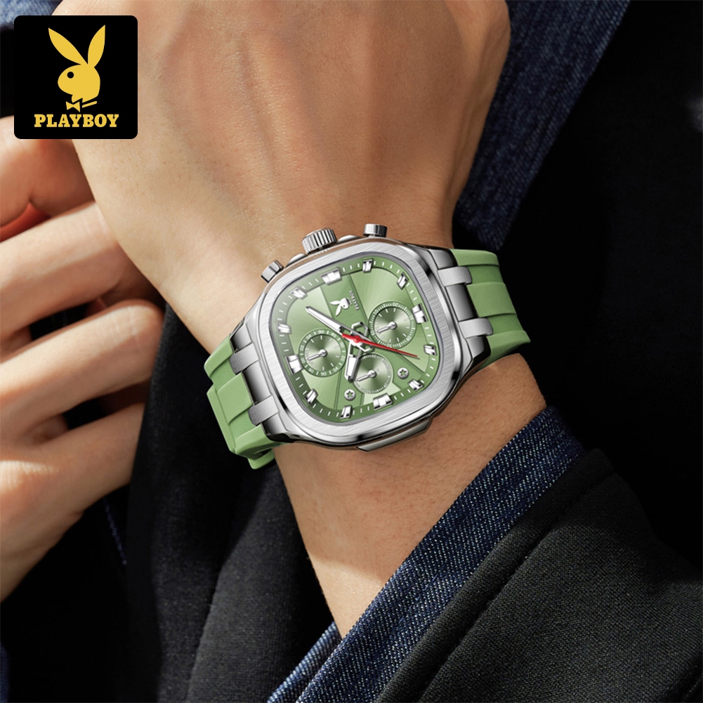 PLAYBOY นาฬิกาข้อมือผู้ชาย แบรนด์แท้กันน้ำ สายนาฬิกาซิลิโคน โครโนกราฟ เรืองแสง พร้อมกล่องของขวัญ - รูปที่ 5