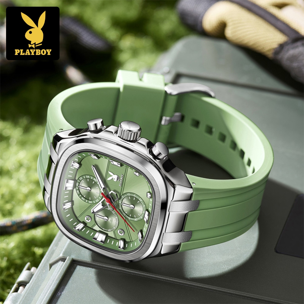 PLAYBOY นาฬิกาข้อมือผู้ชาย แบรนด์แท้กันน้ำ สายนาฬิกาซิลิโคน โครโนกราฟ เรืองแสง พร้อมกล่องของขวัญ - รูปที่ 4