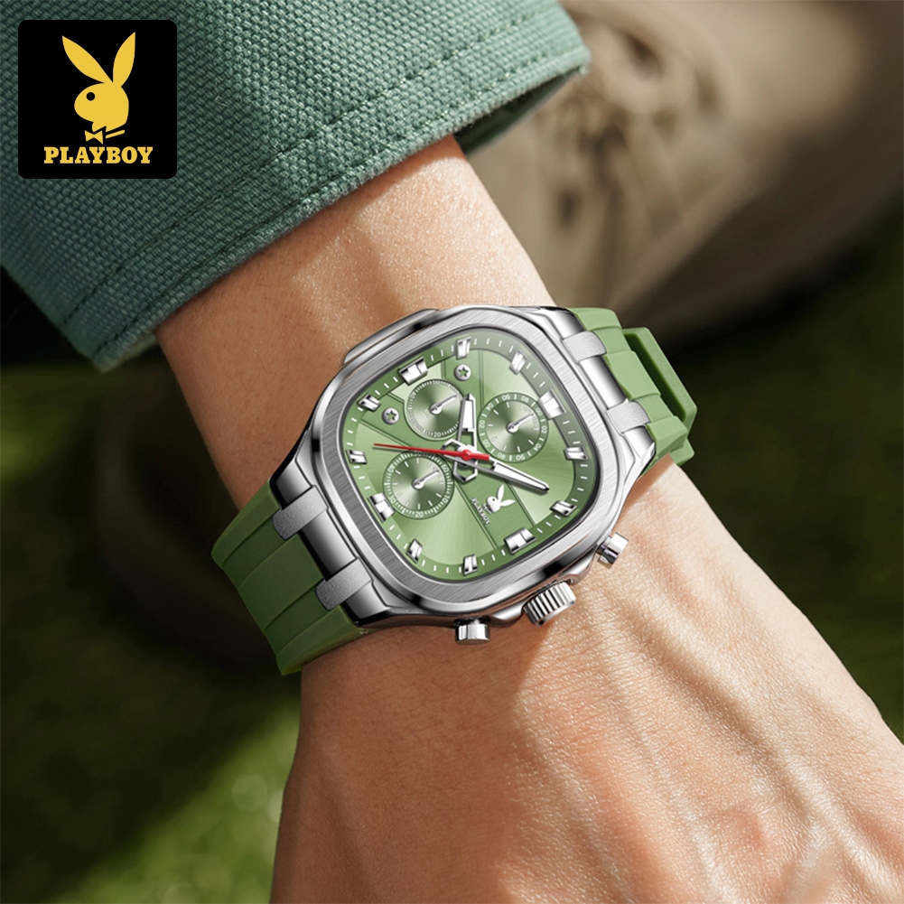 PLAYBOY นาฬิกาข้อมือผู้ชาย แบรนด์แท้กันน้ำ สายนาฬิกาซิลิโคน โครโนกราฟ เรืองแสง พร้อมกล่องของขวัญ - รูปที่ 3
