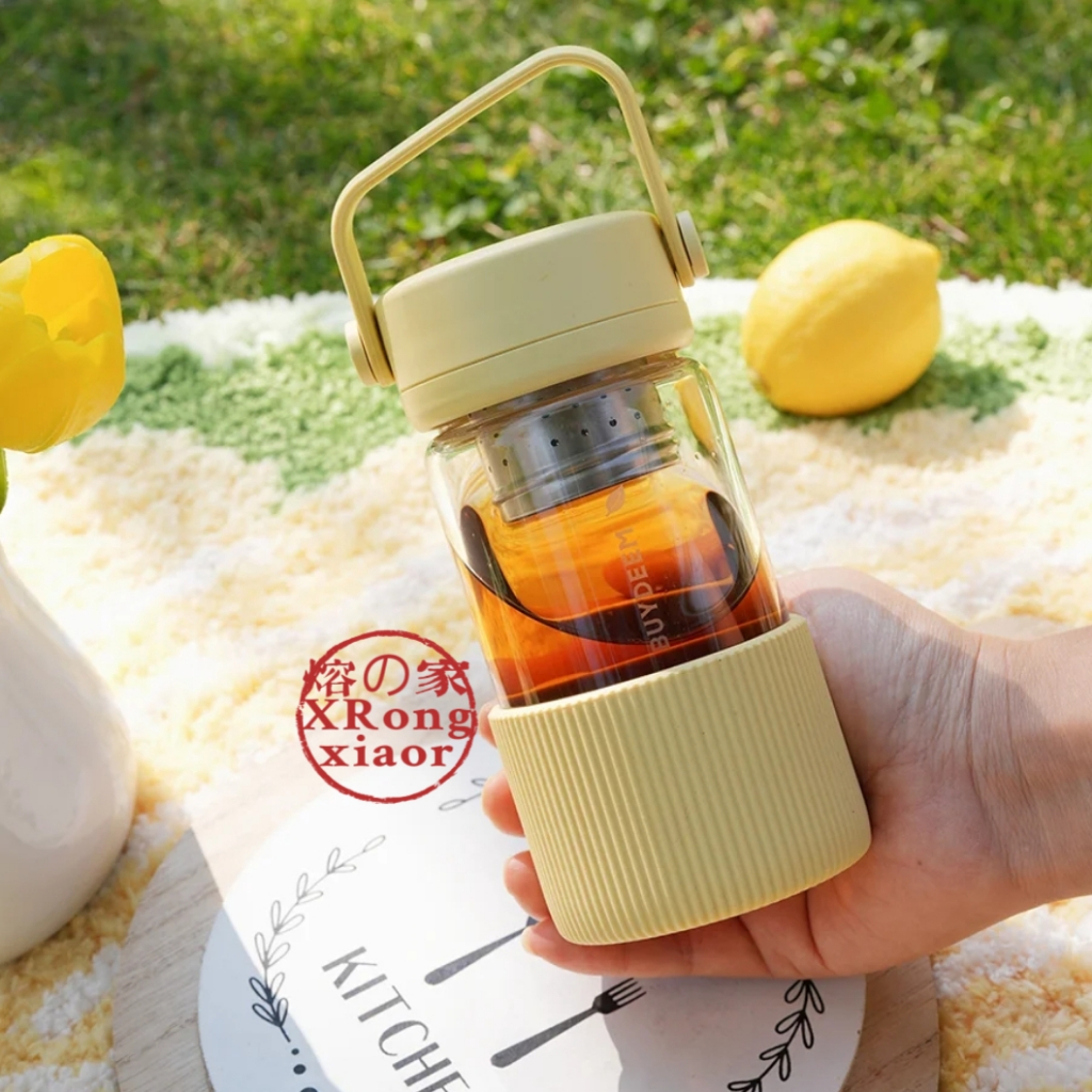 BUYDEEM Glass Water Bottle 360/470/630mL Tea Cup with Strainer Coffee Tumbler Tea Infuser Bottle Portable Kettle Large Capacity Coffee Cup Glass tumbler Big Cup 玻璃杯 Glass Cup with Handle Couple Christmas Gift – โปรปัง