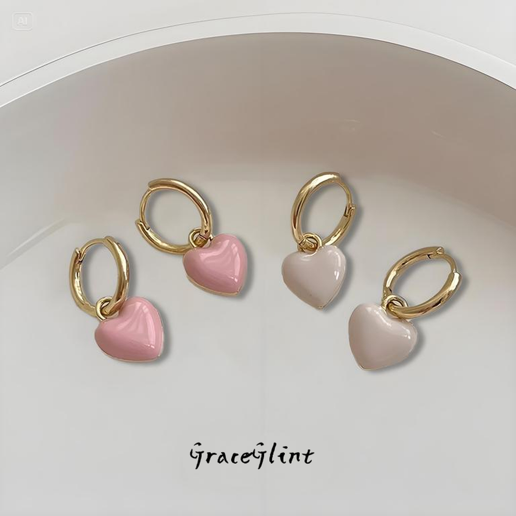 ต่างหูหัวใจสีชมพู Drop Glaze ต่างหูหัวใจหญิง