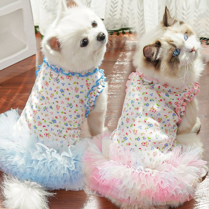 ​​ฤดูร้อนแมวสุนัขพิมพ์ Loungewear กับกระโปรงผ้าฝ้ายผ้าไหมน้ําแข็งสําหรับ Teddy Bichon สัตว์เลี้ยงเครื่องแต่งกาย​​