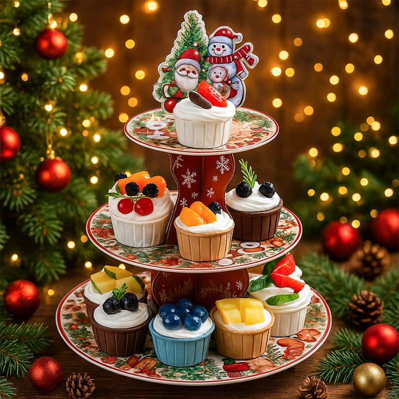 คริสต์มาส Santa เค้กสีแดงขาตั้ง 3 ชั้นต้นคริสต์มาสผลไม้ขนมขาตั้งจอแสดงผล Merry Christmas ตกแต่งสําหรับบ้าน 2025 คริสต์มาสตาราง Centerpiece Xmas Party Supplies