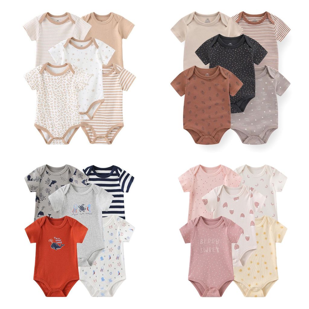 Kiddiezoom ชุดบอดี้สูท ผ้าฝ้าย พิมพ์ลายการ์ตูน สีพื้น สําหรับเด็กผู้ชาย และผู้หญิง 5 ชิ้น