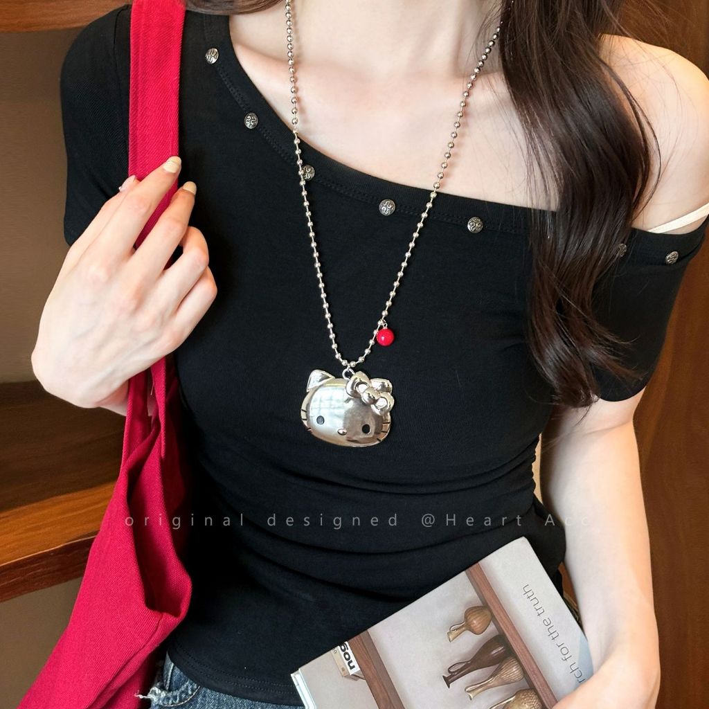 สร้อยคอภาพการ์ตูนแมว สำหรับผู้หญิง สไตล์เรโทรหรูหรา สามารถสวมใส่ได้ทุกลุค