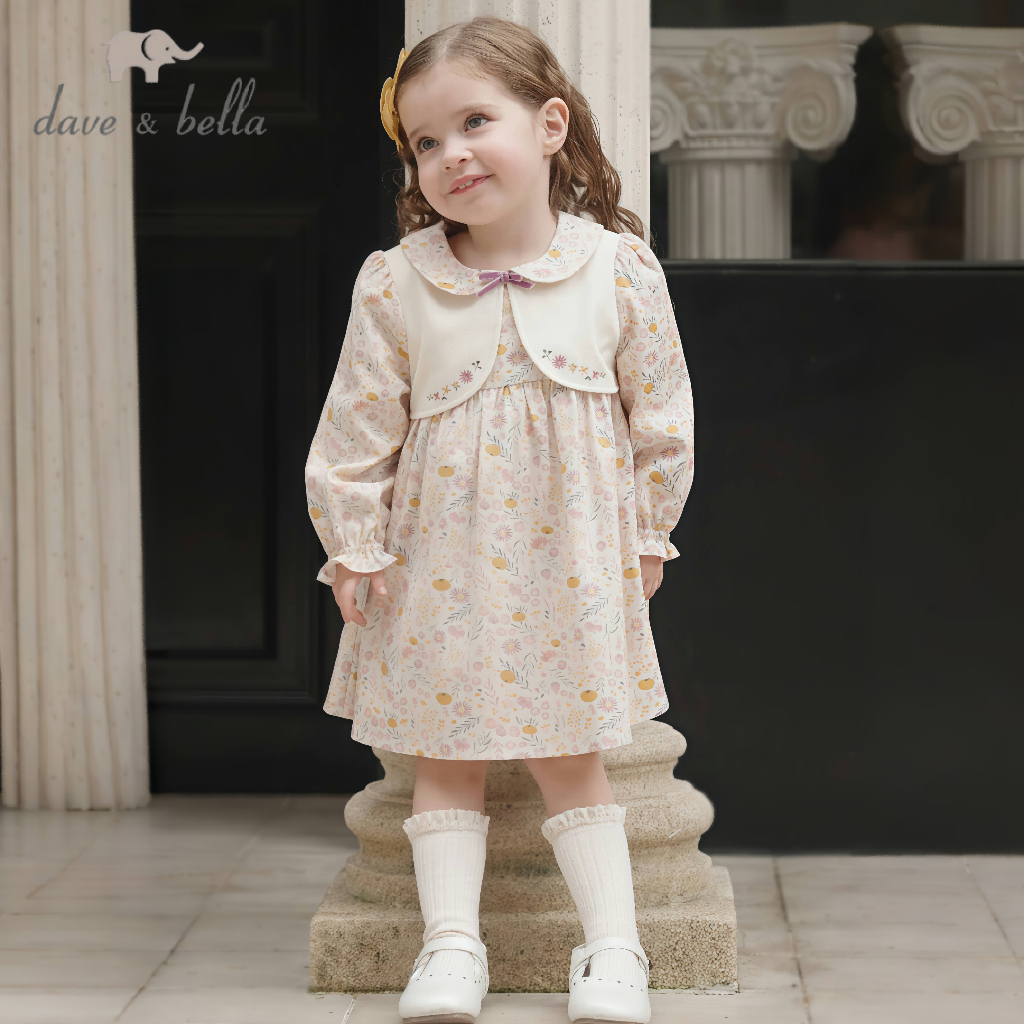 Dave Bella 6M-9Y ชุดเดรสแขนยาวเด็กหญิง Cotton เดรสลายดอกไม้ แฟชั่นฤดูใบไม้ร่วง DB3252835