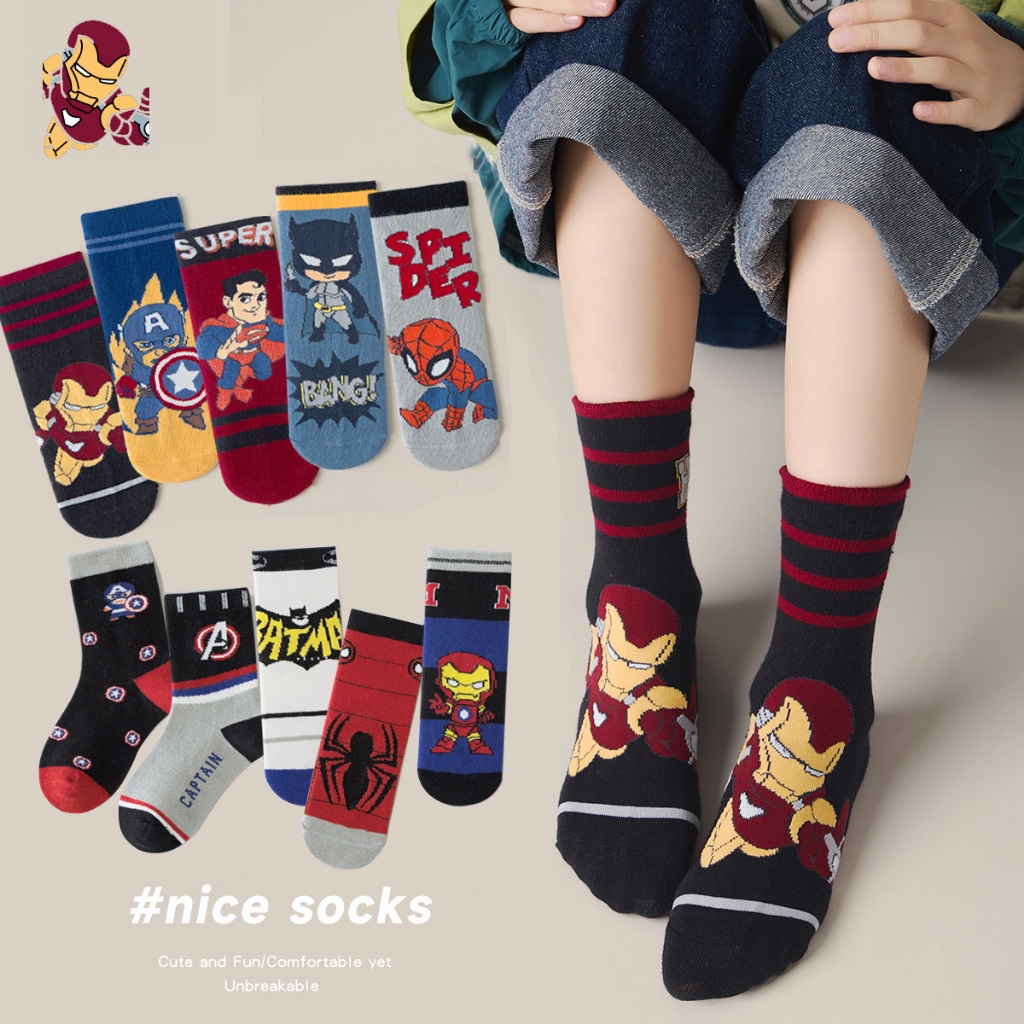🧦 ถุงเท้าเด็ก Spider-Man ข้อกลาง ผ้าฝ้าย ลายการ์ตูนฮีโร่ หลายขนาด สำหรับเด็ก