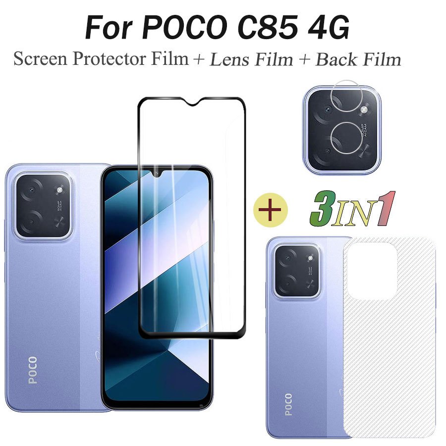 3in1 สําหรับ POCO C85 ฟิล์มกระจกนิรภัยสําหรับ POCO C85 หน้าจอป้องกัน + ฟิล์มเลนส์ + ฟิล์มด้านหลัง