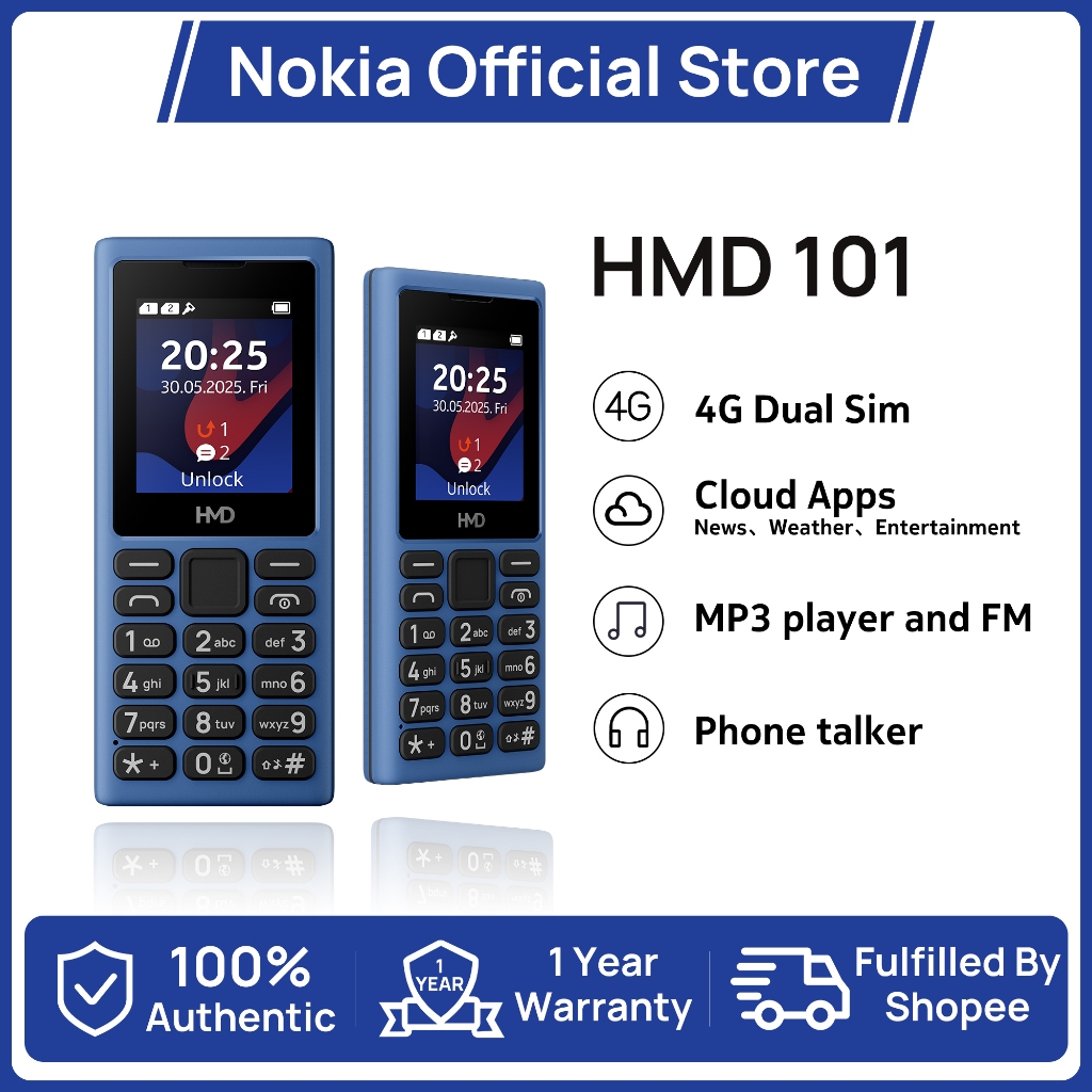 ใหม่ HMD 101 4G โทรศัพท์ปุ่มกดพื้นฐานพร้อมแอปคลาวด์ไฟฉาย LED คู่ MP3 Dual Sim รับประกัน 1 ปี 2 นิ้ว 1000 mAh